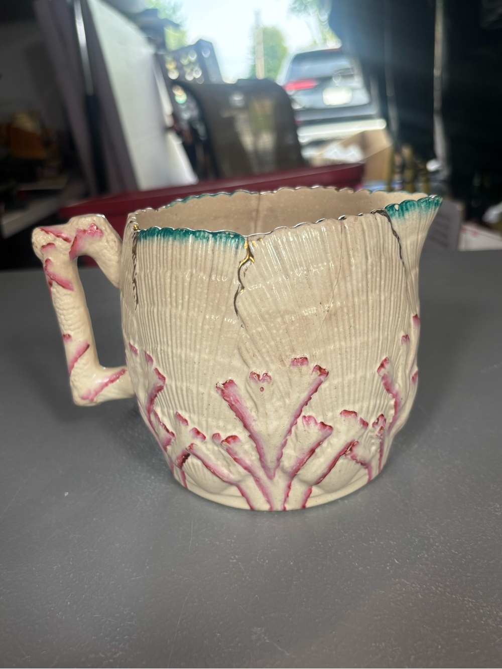 Vintage Style Ceramic Coral Shell Pitcher Creamer Pink Teal Coastal Decor